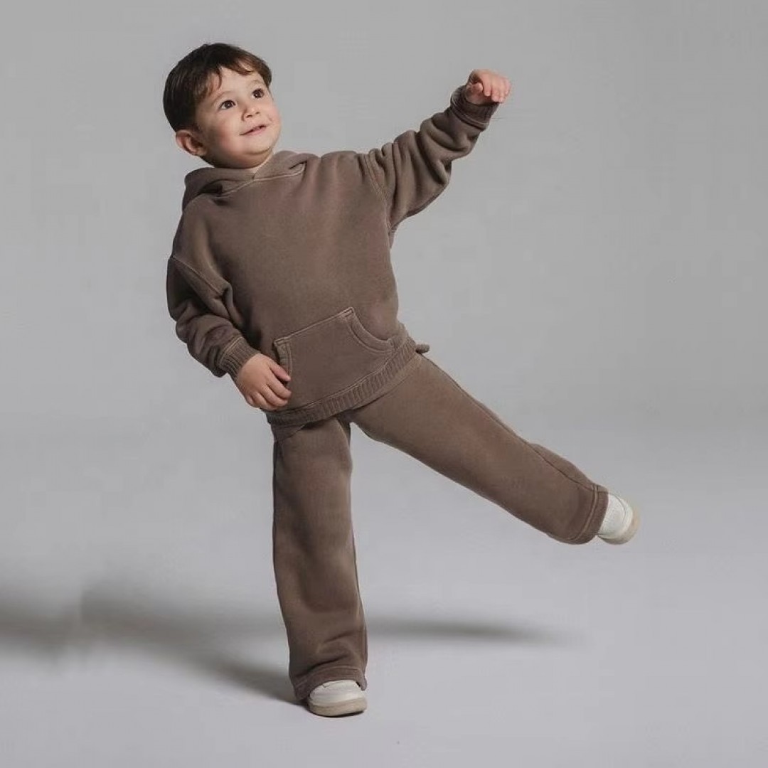 Luxury Quality Street Wear Set Kids Children Oversize 2 Pieces Set Plain Dyed Vintage Hooded 100% Cotton Sweatsuit for Boy Lower tariff