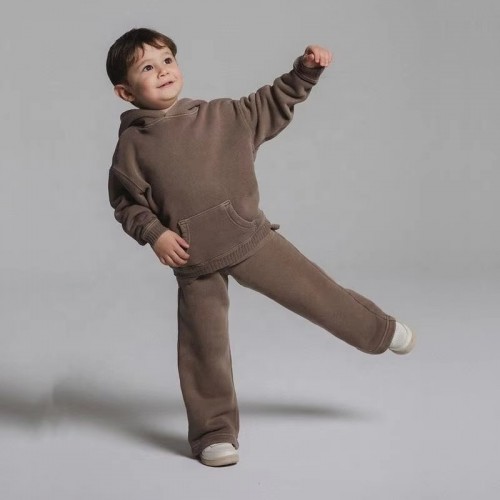 Luxury Quality Street Wear Set Kids Children Oversize 2 Pieces Set Plain Dyed Vintage Hooded 100% Cotton Sweatsuit for Boy Lower tariff