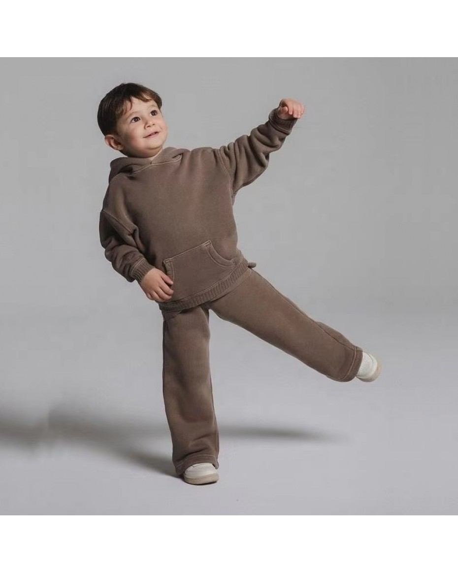 Luxury Quality Street Wear Set Kids Children Oversize 2 Pieces Set Plain Dyed Vintage Hooded 100% Cotton Sweatsuit for Boy Lower tariff