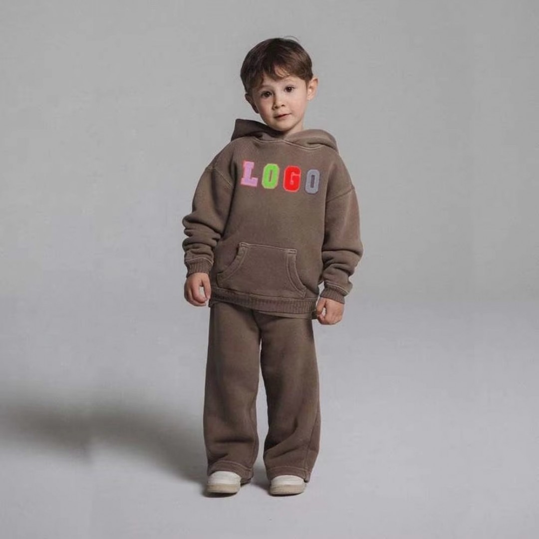 Luxury Quality Street Wear Set Kids Children Oversize 2 Pieces Set Plain Dyed Vintage Hooded 100% Cotton Sweatsuit for Boy Lower tariff