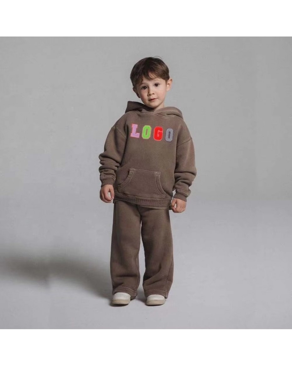 Luxury Quality Street Wear Set Kids Children Oversize 2 Pieces Set Plain Dyed Vintage Hooded 100% Cotton Sweatsuit for Boy Lower tariff
