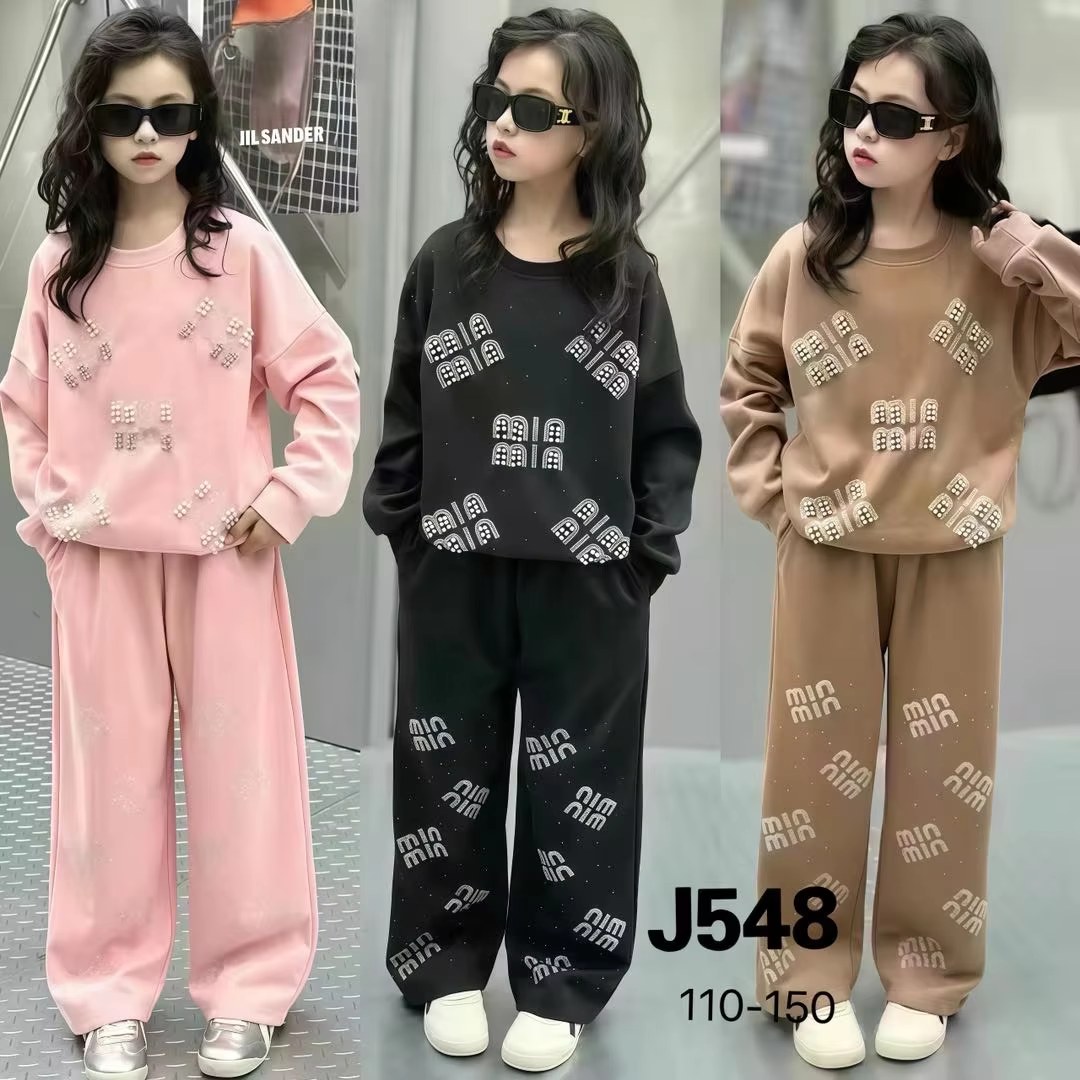 New Girls Hoodie Pants Set Long Sleeve Print Round Neck Casual Two-Piece Outfit Breathable Kids Sportswear