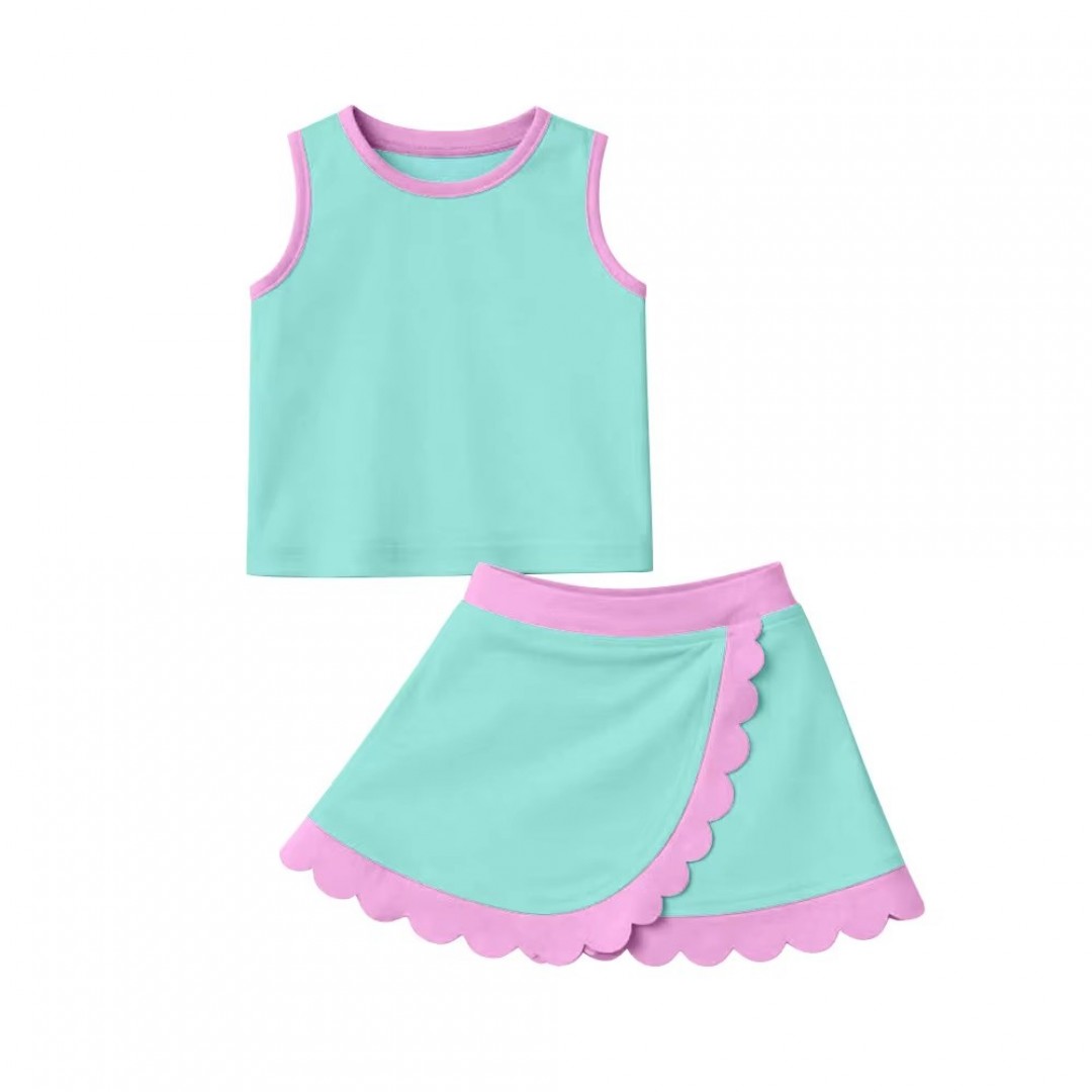 Preorder Baby Girls Summer Sleeveless Crop Yoga Summer Solid Color Crop Top Scallop Skorts Athletic Boutique Outfits Clothes