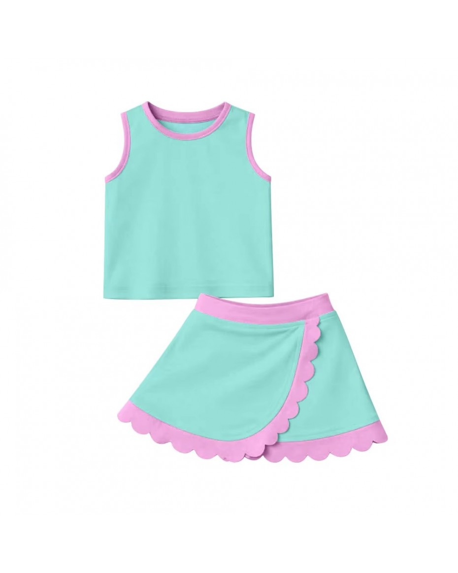 Preorder Baby Girls Summer Sleeveless Crop Yoga Summer Solid Color Crop Top Scallop Skorts Athletic Boutique Outfits Clothes